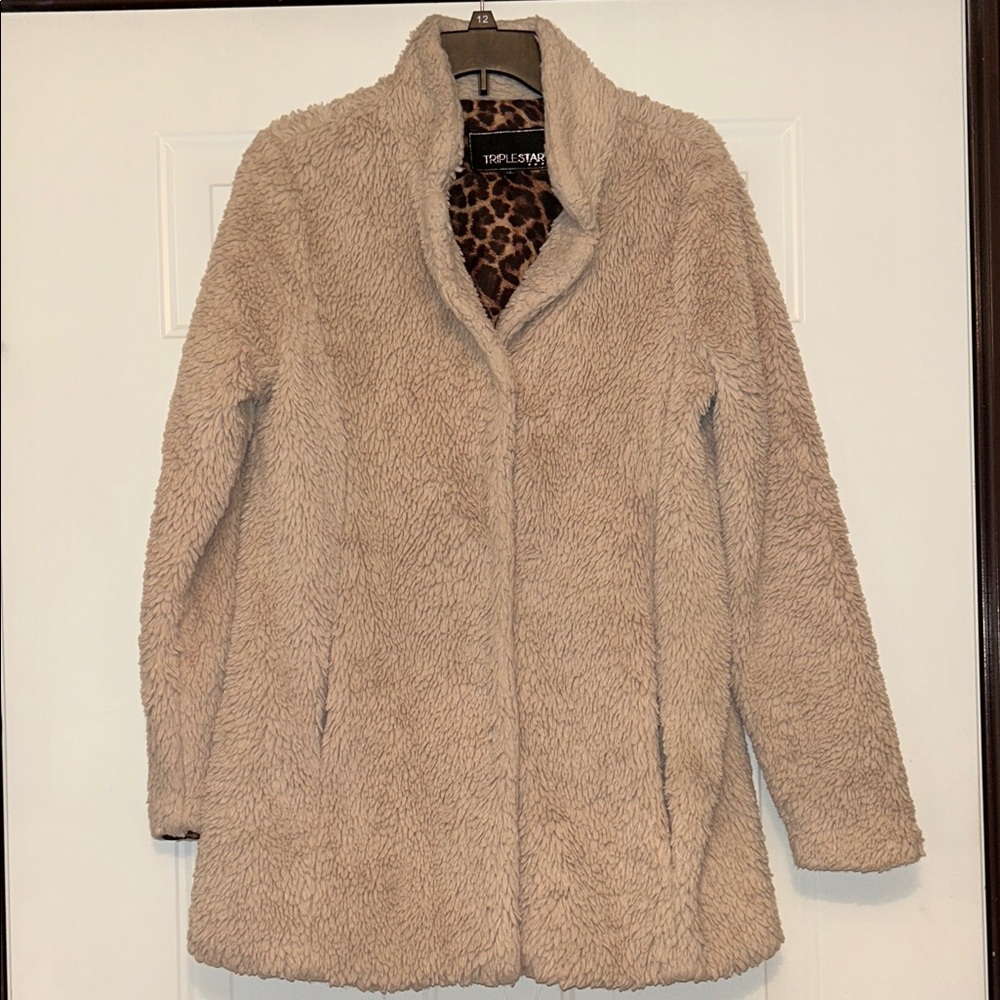 Faux Fur Women's Teddy Jacket M Tan Snap Closure Cozy Lined Fall Winter Leopard
